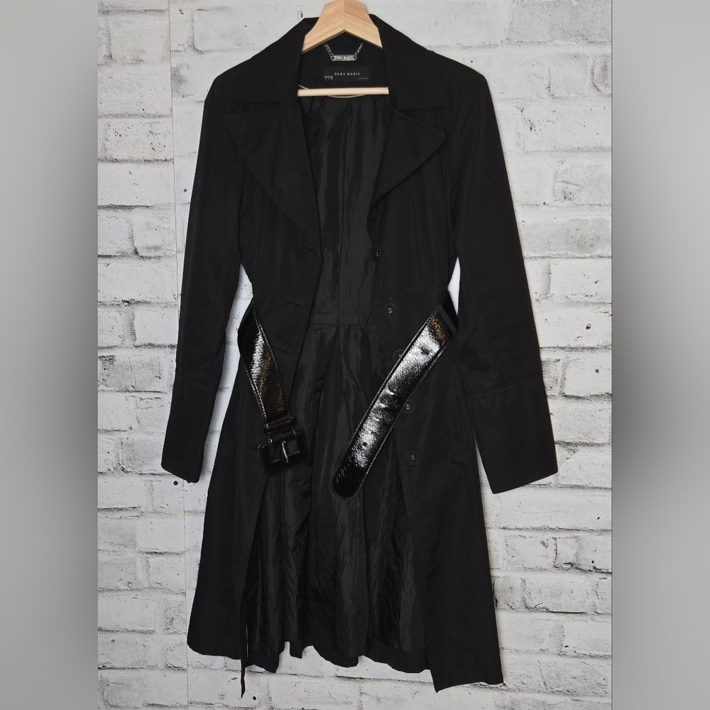 ZARA Black Belted Trench Coat Longline Classic Button Front Size Large - Picture 6 of 15